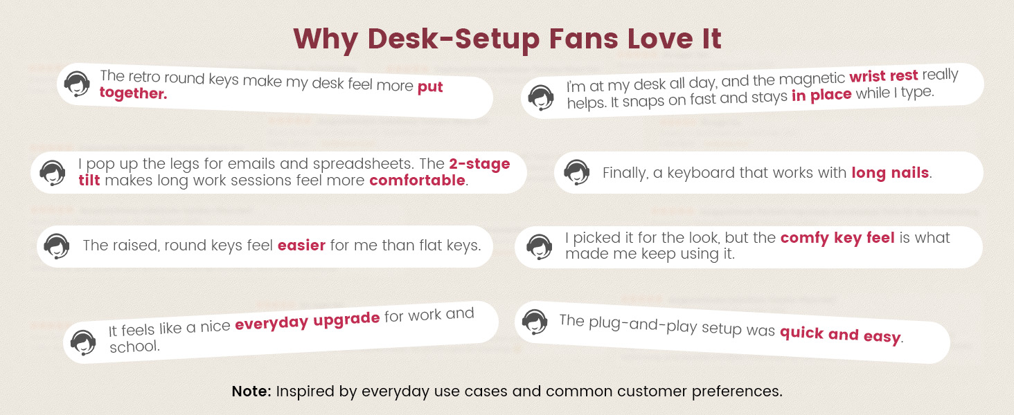 retro keyboard highlights round keys, magnetic wrist rest, and easy setup.