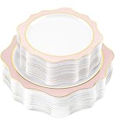 realluck 100 PCS White and Pink Scalloped Disposable Plates for 50 Guests