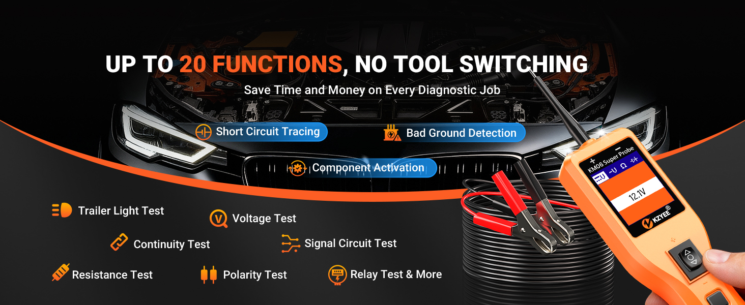 Multi-function probe tester for short circuit tracing, ground checks, voltage testing and more.