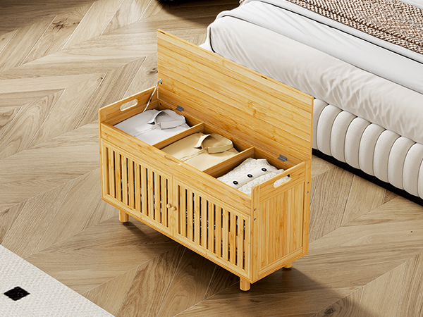 Shoe Storage Bench, Bamboo Entryway Bench with 2 Doors & Padded Seat Cushion