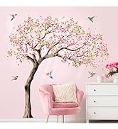 Large Blooming Cherry Tree Wall Decals Pink Peach Blossom Tree Hummingbirds Wall Stickers Peel an...