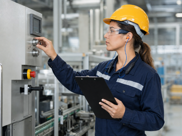 A woman working at the factory while using HomeSpot Neckband