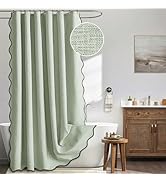 MIULEE Sage Green Scalloped Shower Curtain Linen Textured with 12 Metal Hooks Cute Heavy Duty Was...