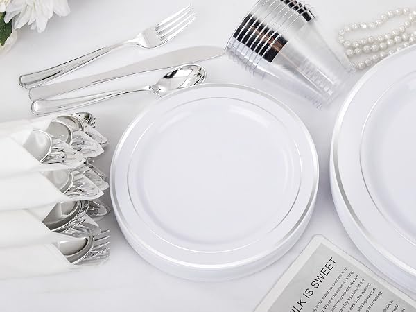 silver plastic plates
