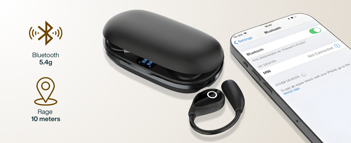 Black open ear earbuds and case beside phone Bluetooth screen showing 10 m range