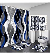 4 Pcs Blue and Black Striped Shower Curtain Set Grey and White Bathroom Sets with Shower Curtain ...