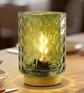 LUSHARBOR Battery Operated Table Lamp, Small Green Glass Lamp Bedside Decor Ambient, Cordless Tab...