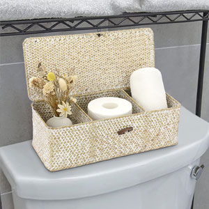 Seagrass Storage Basket Bin Hand-Woven Wicker Basket with Lid Bathroom Basket Tissue Toilet Paper