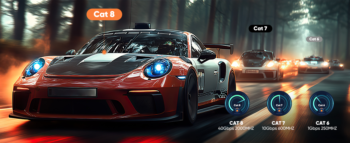 Red sports car racing through a forest at night, with blue headlights. Two other cars visible behind. Three circular icons below showing car stats.