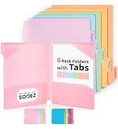 Sooez Plastic Folders with Pockets and Tabs, 6 Pack Pocket Folders with Writable Label Stickers, ...
