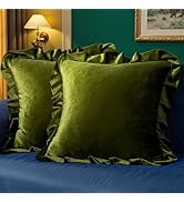 MIULEE Velvet Ruffle Throw Pillow Covers Soft Luxurious Olive Green Pack of 2 18x18 Inch Square C...