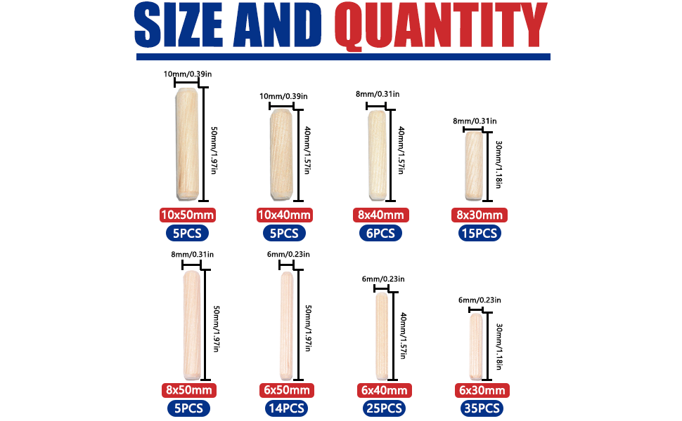 8 Values Wood Dowels Kit 1/4 3/8 5/16