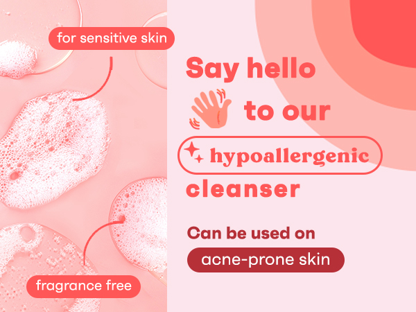Bottle of Clean & Clear Foaming Cleanser on pink background with smiley next to product bubbles