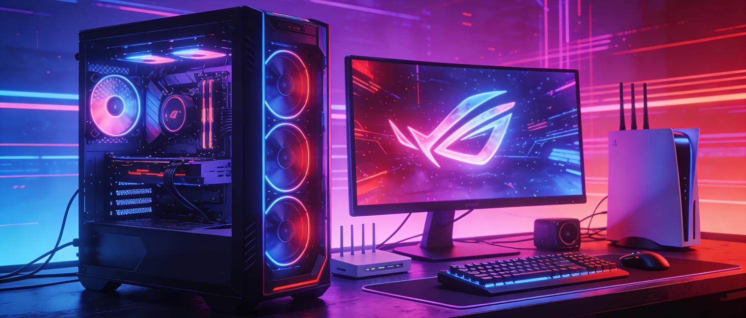 A sleek gaming setup with a glowing RGB-lit computer case on a modern desk