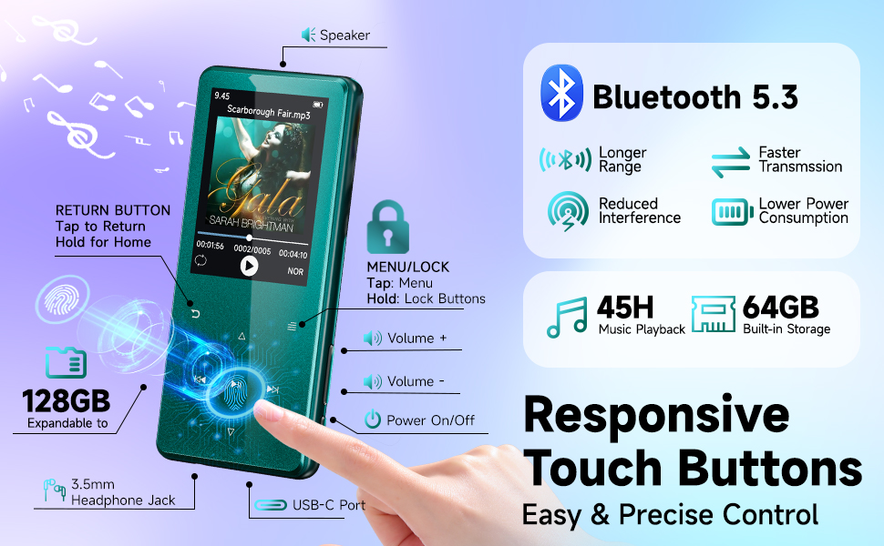 Music Player with Bluetooth 45H Battery Voice Recorder FM Radio Resume Playback 128GB microSD Card