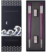 TIICOO Metal Chopsticks Reusable 2 Pairs Titanium Stainless Steel 18/8 Chopsticks with Holder, Di...