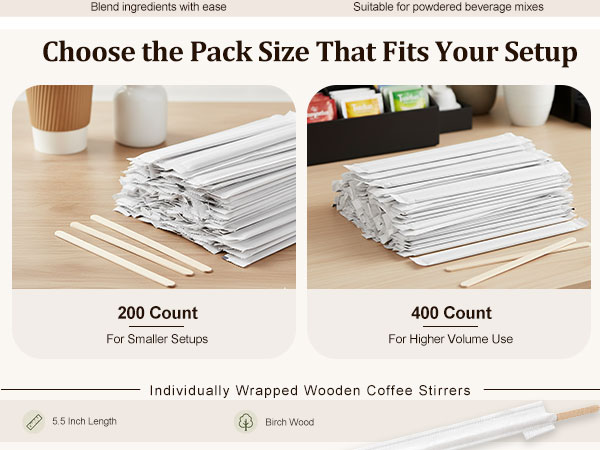 200 or 400 count wrapped wooden coffee stirrers for beverage stations