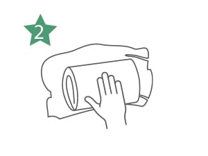 Simple line drawing illustration showing a hand wiping or cleaning a surface with what appears to be a cloth or paper towel.