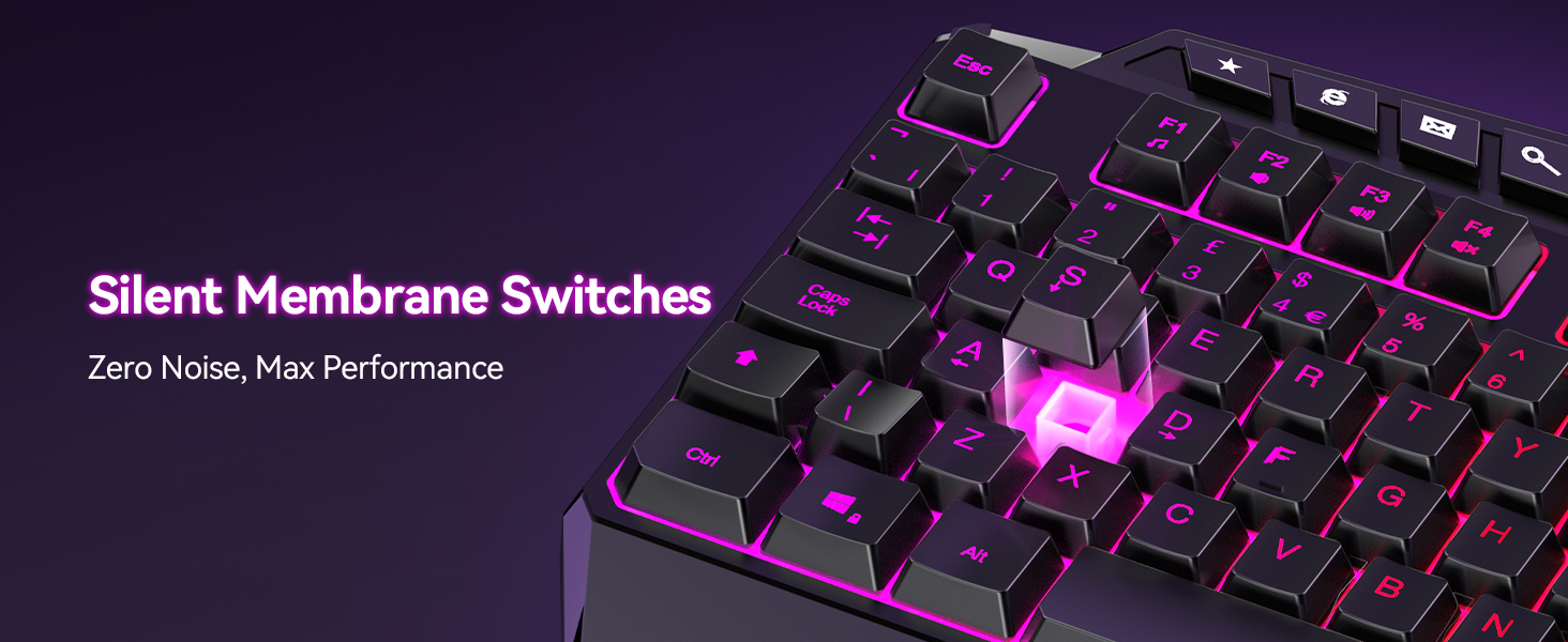 Text reads 'Silent Membrane Switches' and 'Zero Noise Max Performance'. Close-up views of a gaming keyboard with purple LED backlighting against dark background.