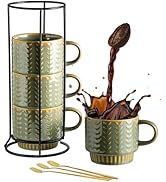 Miamolo Coffee Mugs Set of 4 with Spoons & Rack, Stackable Espresso Cups 13oz Coffee Mug for Drin...