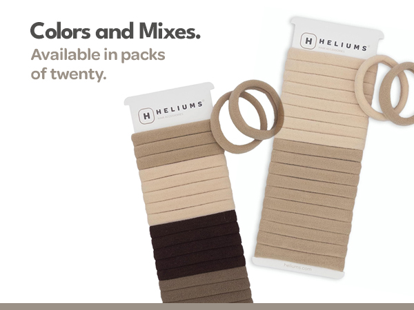 Heliums seamless hair ties in 20-count mix packs shown in assorted neutral shades.