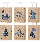 Liobelon Christmas Gift Bags with Handle,18 Pieces Christmas Kraft Paper Bags Bulk, Blue Small Xm...