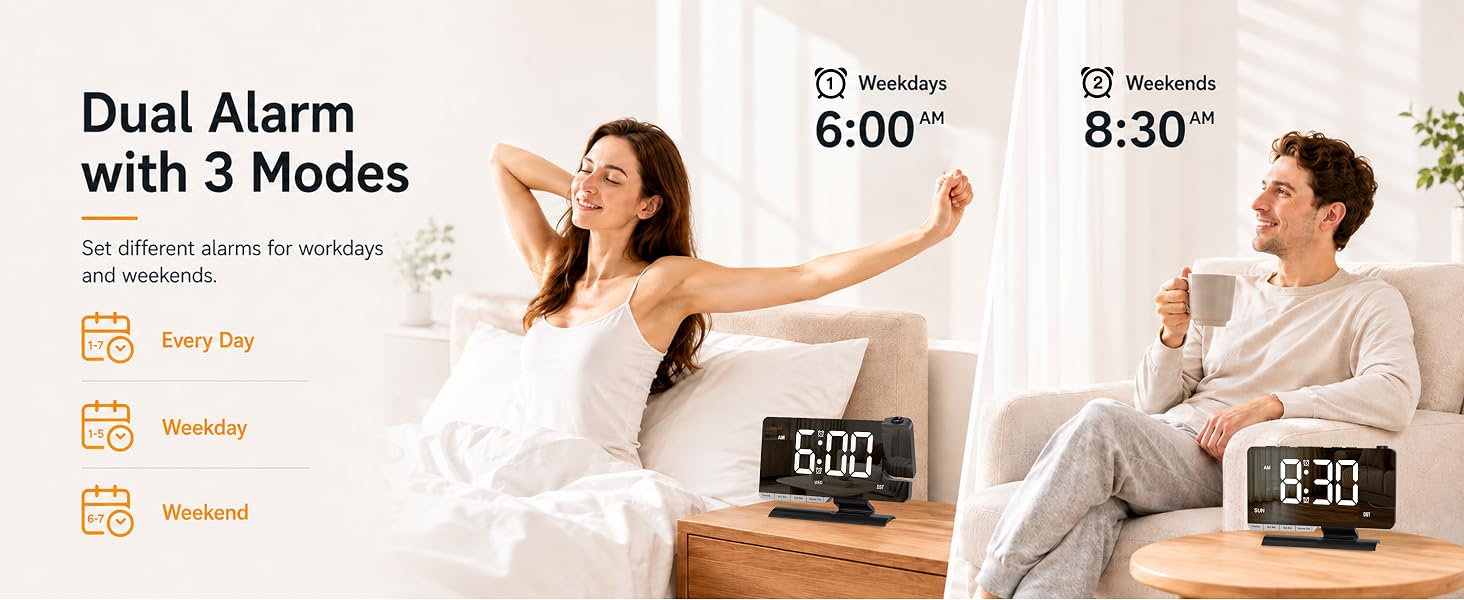 Dual Alarmwith 3 Modes, Set different alarms for workdaysand weekends.