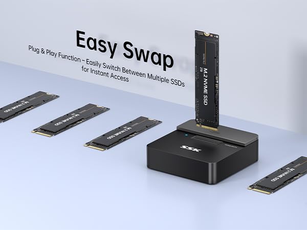 Text reads 'Easy Swap'. Product image showing modular device system with multiple attachable components and central docking station.