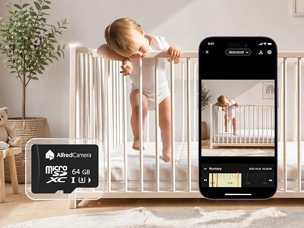 White baby safety gate mounted in doorway with smartphone displaying mobile app control interface. Parent monitoring infant in crib through gate and app simultaneously shown.
