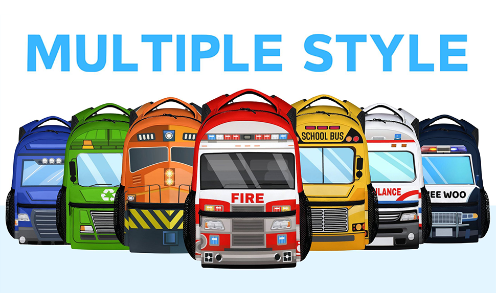fire truck, garbage truck, car, train, constructions backpacks for kindergarten toddlers
