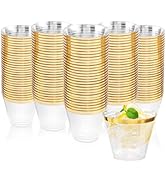Nervure 120PCS Gold Plastic Cups - 9Oz Gold Rimmed Plastic Cups - Heavy Duty Disposable Clear Cup...