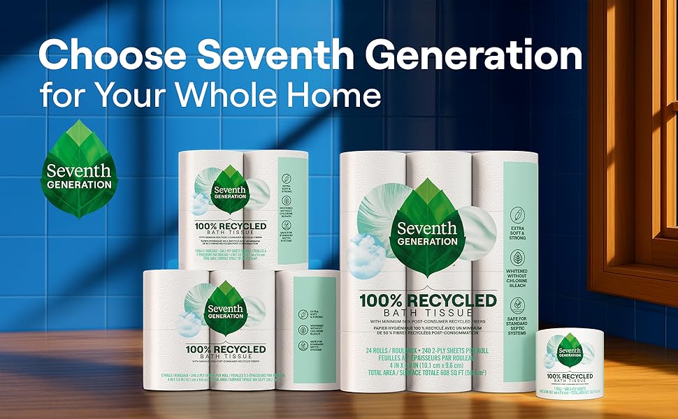 Seventh Generation 100% recycled for your home, hygiene, made extra soft and strong