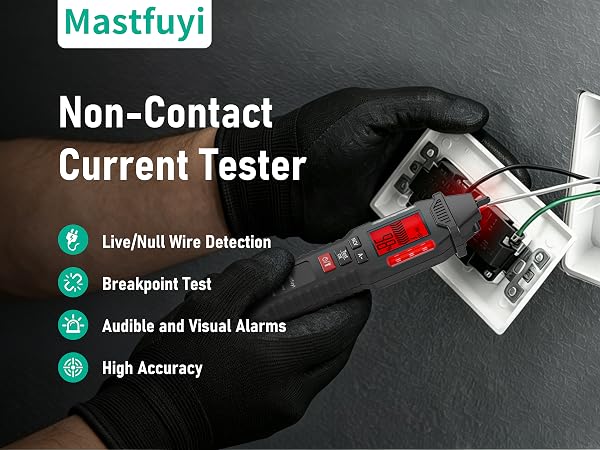Text reads 'Mastfuyi' and 'Non-Contact Current Tester' with features: 'LiveWire Detection', 'Breakpoint Test', 'Audible and Visual Alarms', 'High Accuracy'. Red and black electrical testing device displayed.