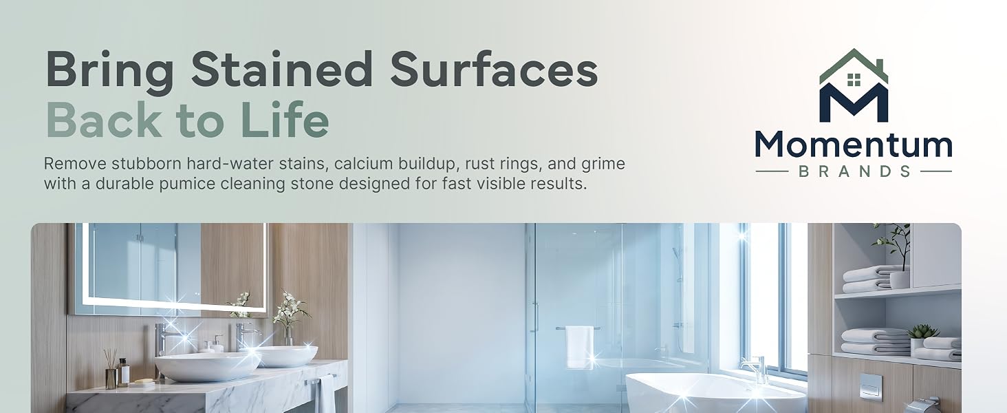 Bring Stained Surfaces Back to Life" ad for Momentum Brands pumice stone with clean bathroom