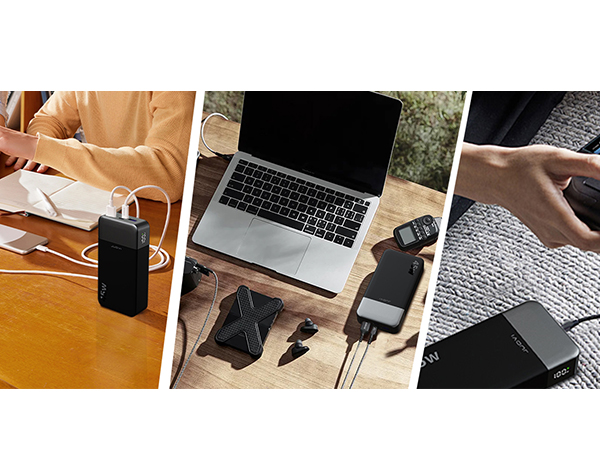 Collage showcasing electronic devices: portable battery pack, laptop, smartphone, earbuds, and external hard drive on various surfaces including wood and fabric.