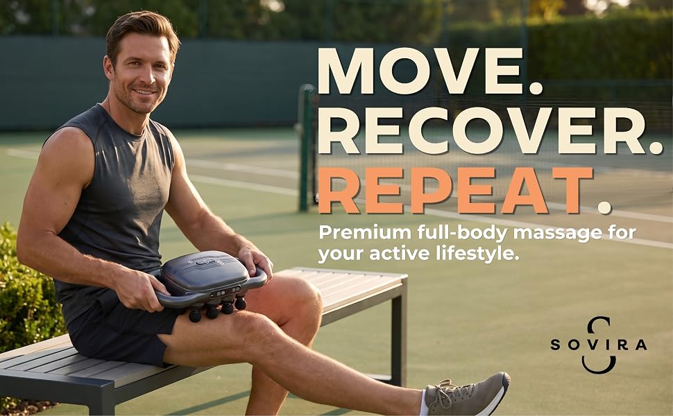 Active man using the SOVIRA full-body massager on his leg after exercise.