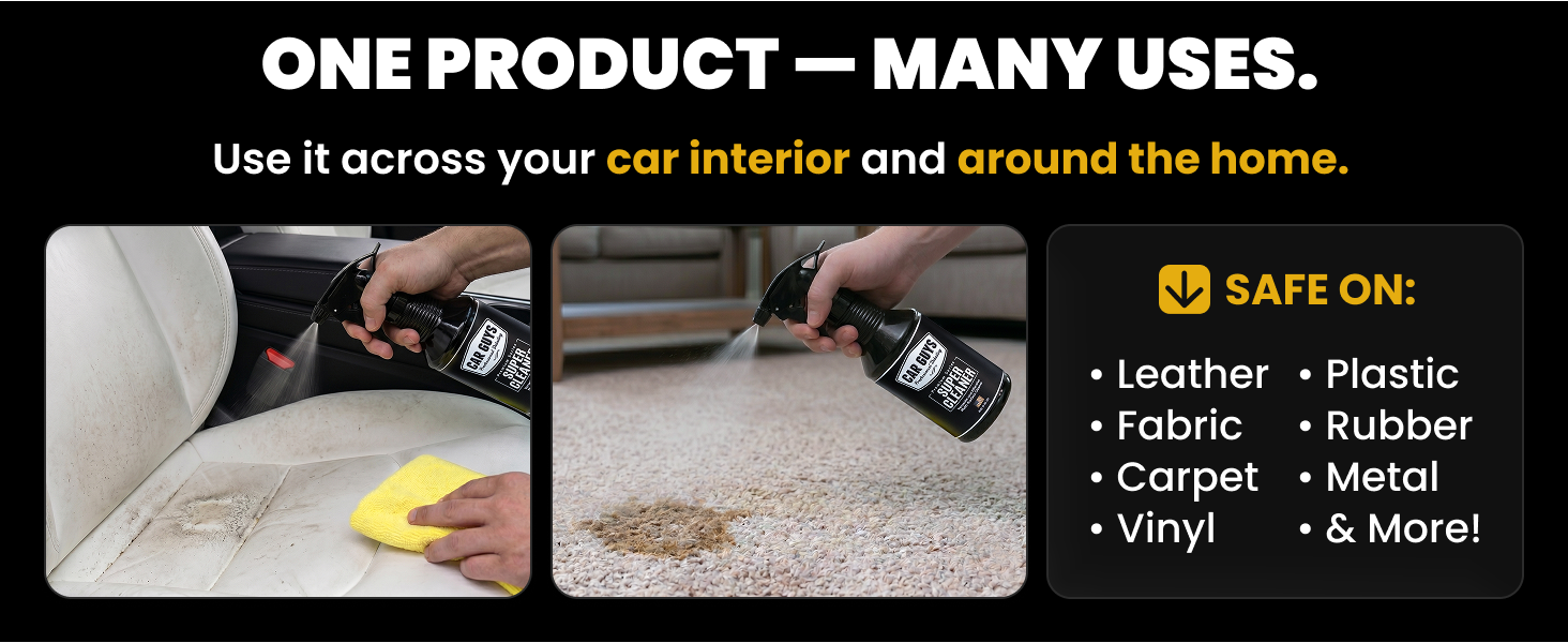 Spray cleaner used on car upholstery and home carpet works on vinyl rubber and plastic