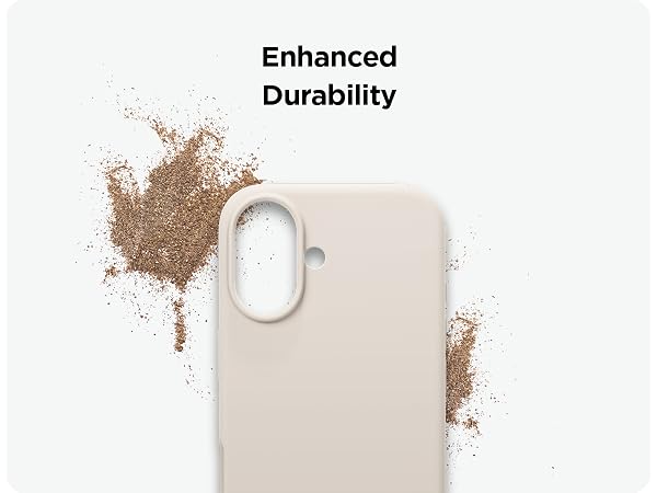 Light-colored phone case with 'Enhanced Durability' text, shown with brown powder or dirt splash effect demonstrating impact resistance.