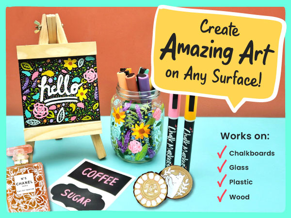 Chalkola chalk markers can be used on virtually any surface such as glass, plastic, wood, & more!