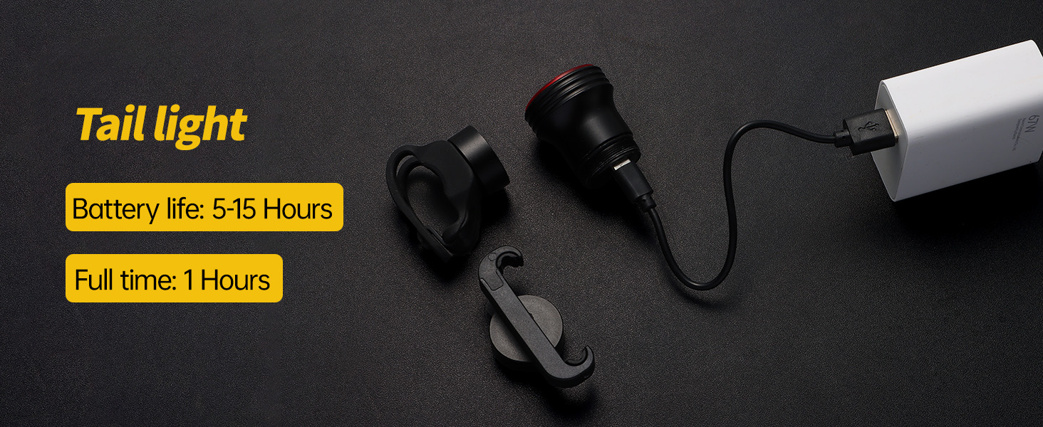 Bicycle tail light components: main light unit, mounting clip, and USB charging cable. Text indicates battery life of 5-15 hours and full charge time of 1 hour.