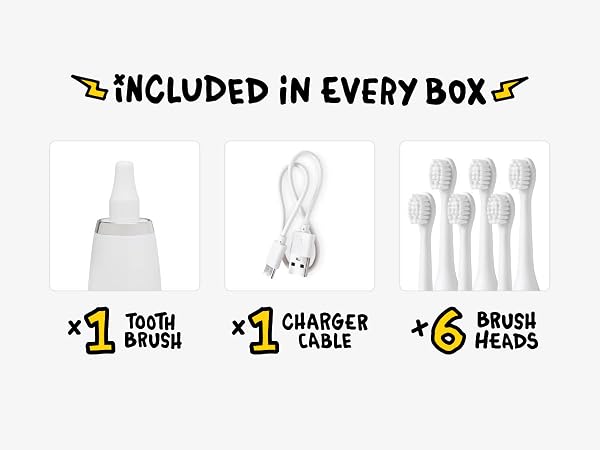 Tooth Brush, Charger Cable, Brush Heads