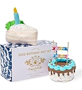 Thoughtfully Pets Dog Birthday Cake and Plush Toy Set, Mini Cookie Cake Treat with Birthday Banne...