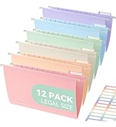 SortRax Plastic Legal Size Hanging File Folders, 12 Pack Pastel Hanging Folders, with Insertable ...