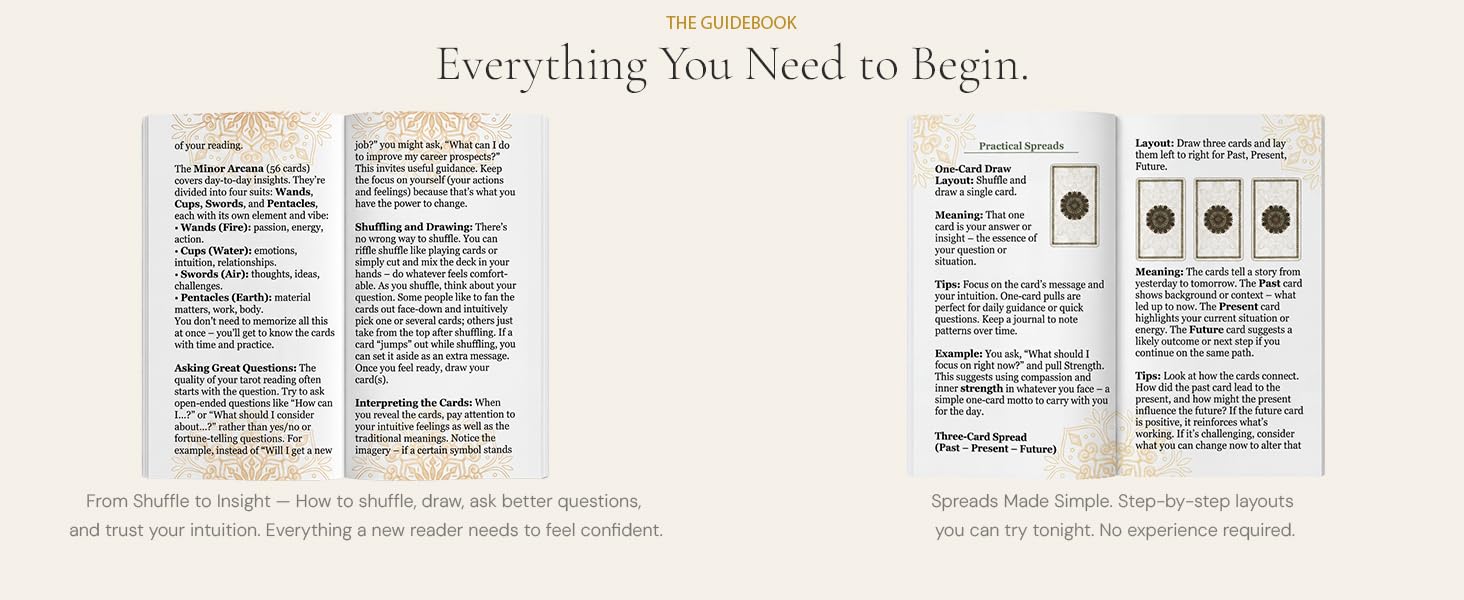 tarot spreads and shuffling instructions inside full color reading guide for beginners