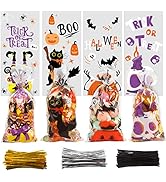 CCINEE Halloween Cellophane Treat Bags, 200pcs Clear Cello Candy Bags with Twsit for Halloween Tr...