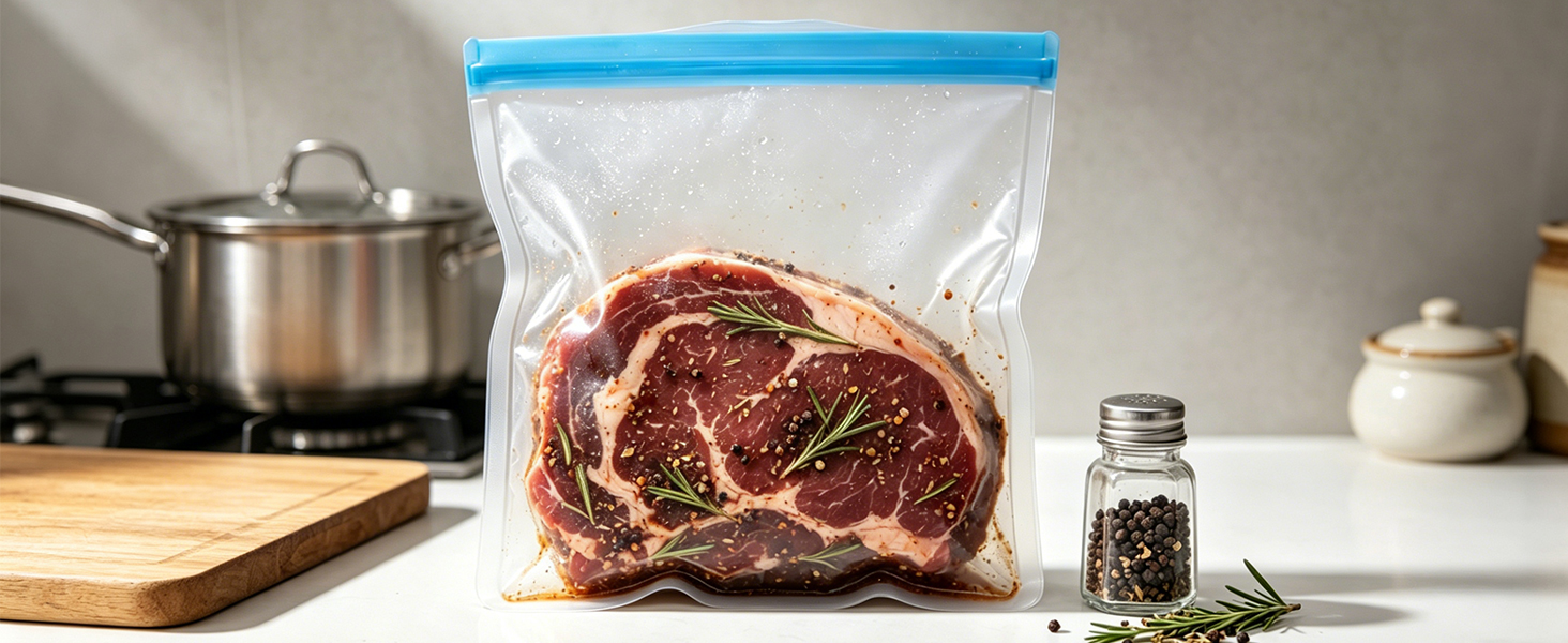 Reusable freezer bags for marinating food