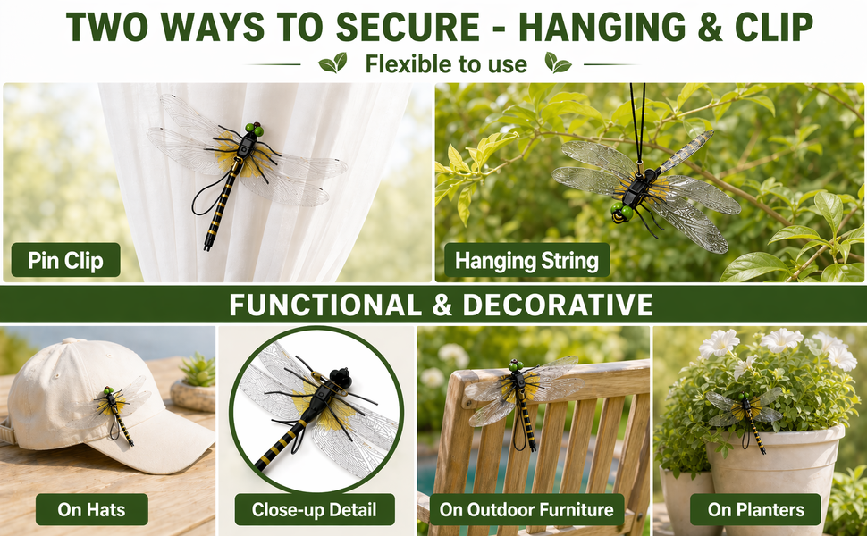Two ways to use dragonfly clip with pin clip on hat and hanging string on outdoor furniture planters