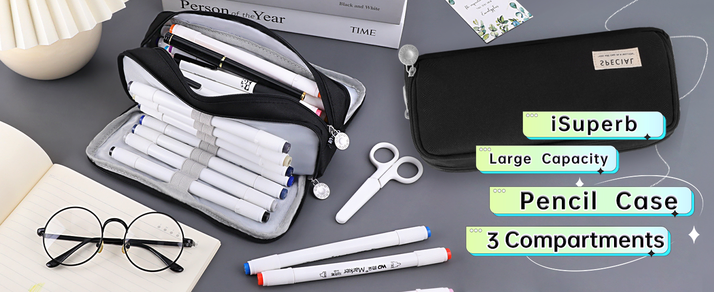 iSuperb Pencil Case 3 Compartments Pencil Pouch for Kids Teen Girls Boys Student