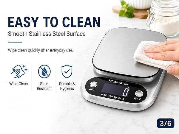Digital kitchen scale with a smooth stainless steel surface that wipes clean easily.