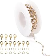 Pandahall 14K Gold Plated Stainless Steel Chains 16.4 Feet Pearl Beaded Necklace Chains for Jewel...